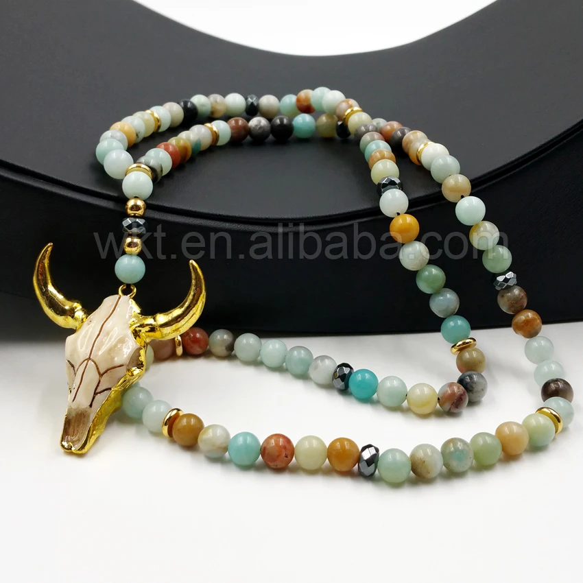 

WT-N775 Fashion 32" Beads Necklace Design Jewelry 8mm Amazonie Beads Charm Resin Gold Cattle Horn Pendant Handmade Necklace Gift