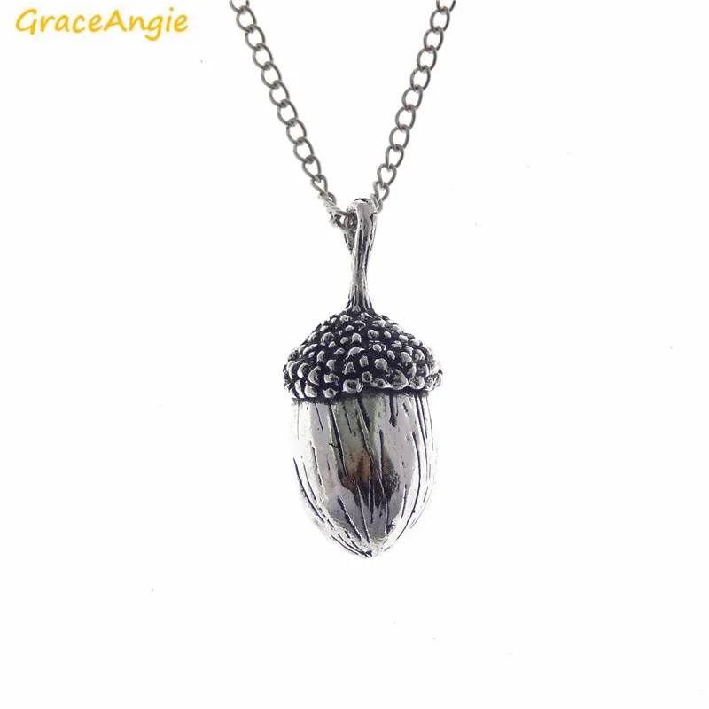 GraceAngie Alloy Silver Color 3D Acorn Pendant Necklace Metal Link Chain Punk Women Men Long Sweater Chain Jewelry Accessory