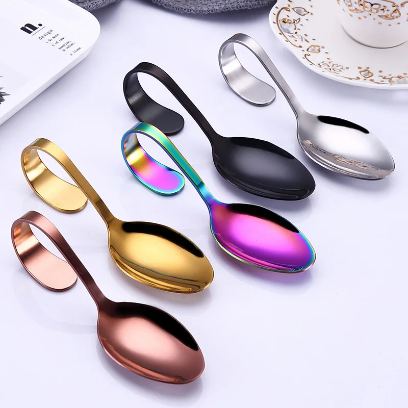 100pcs/lot Stainless Steel Curved Handle Spoon Tableware Colorful Tea Coffee Spoon Mixer Flatware Kitchen Accessories LX0321