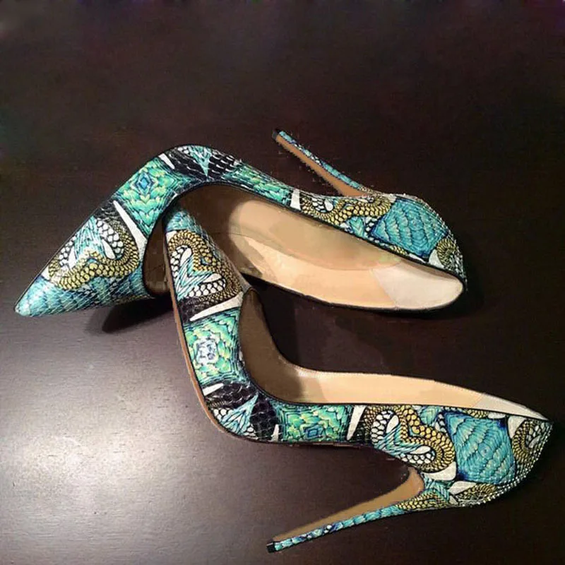 

Sexy Women peacock Green Printing Python Leather Pumps Ladies Pointed Toe Stiletto High Heels Celebrity Spring Single Pump Shoes