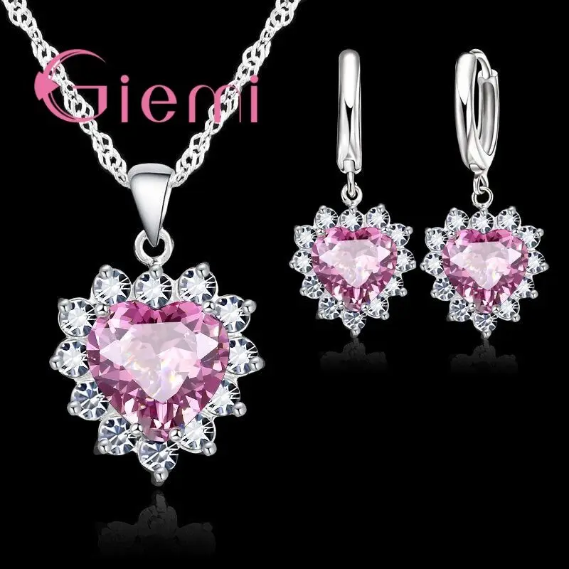 Love Heart Crystal Pendant 925 Sterling Silver Party Jewelry Sets Necklace Earrings For Women Valentine Gifts