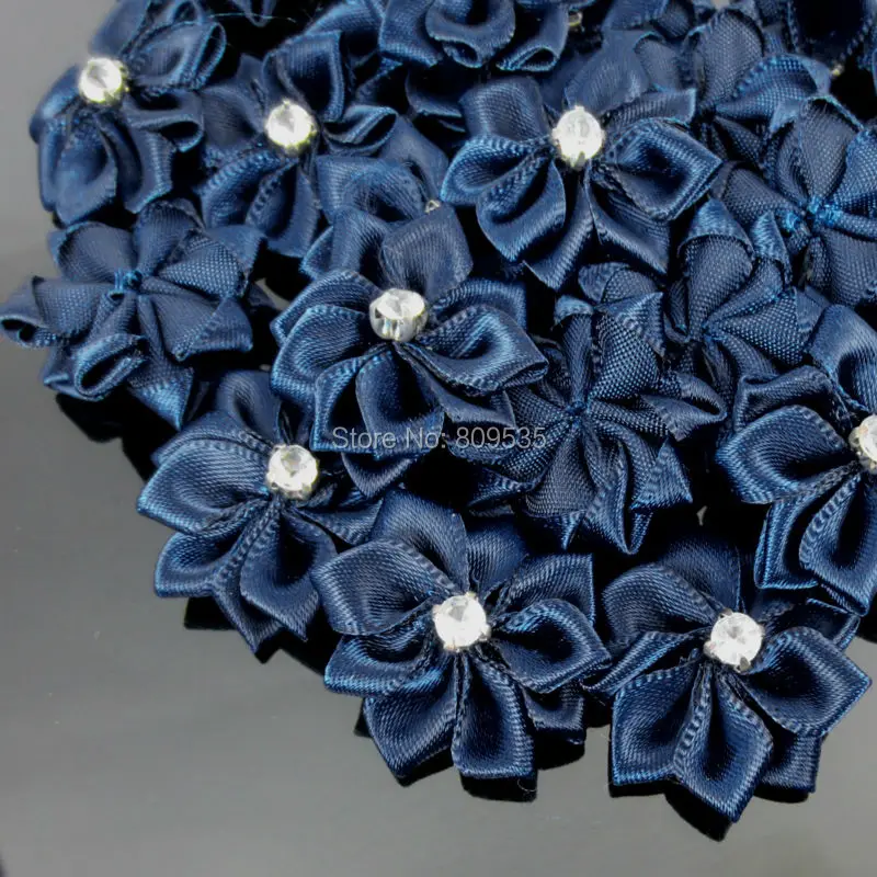40Pcs Dark Blue Handmade Small Fabric Satin Flowers with Rhinestone Appliques Sewing Wedding Garment Accessories Flowers 2.8cm
