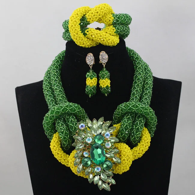 

Latest Green and Yellow Chunky Bold Nigerian Jewelry Set Twisted Crystal Seed Beaded Necklace Jewelry Set Free ShippingABL760