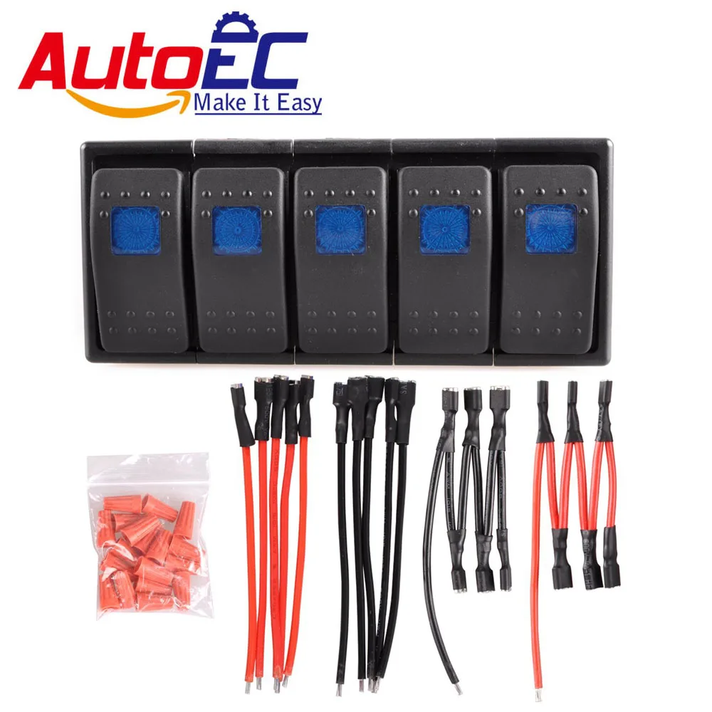 AutoEC 12V 16A Car Rocker Switch with Panel Wire Patrol Holder Housing ARB 5 Gang Car Truck Boat ON/OFF Switches Panel #LQ348