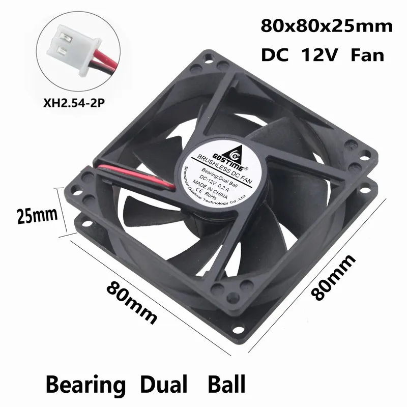 Gdstime 100 Pcs 80x80x25mm 2Pin 8025 DC 12V Two Ball Bearing Brushless PC CPU Cooling Fan 80mm x 25mm 0.2A 2800RPM