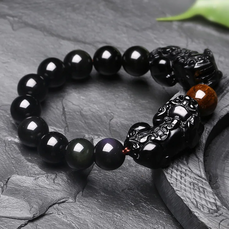 Natural Obsidian with Tiger eye Beads Bracelet Gold Color Charm Bracelet  PIXIU Lucky Brave Jewelry Women Men Energy Jewelry