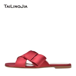 Women summer elegant Fringe Beach Shoes Cross Band Red Slippers Black Satin Dark Blue Velvet Flat Sandals Vacation Shoes Slides