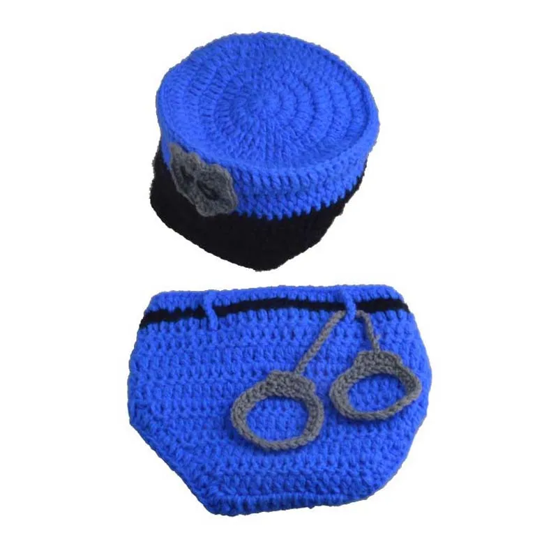 New Police Design Photography Props For Baby Handmade Newborn Policeman Hat Diaper Set Crochet Costume Outfit H230