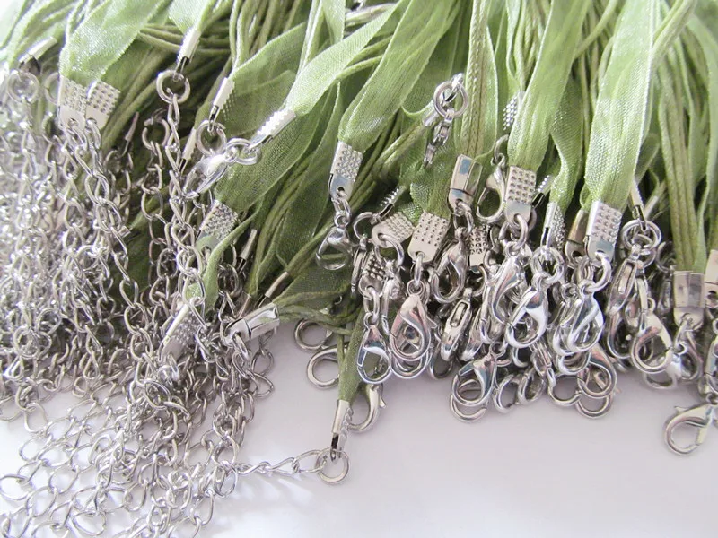 Free Shipping 100pcs 18inch Olive Green Organza Ribbon Wax Cotton Necklace Cord String,Extender Chain,Lobster Clasp,DIY