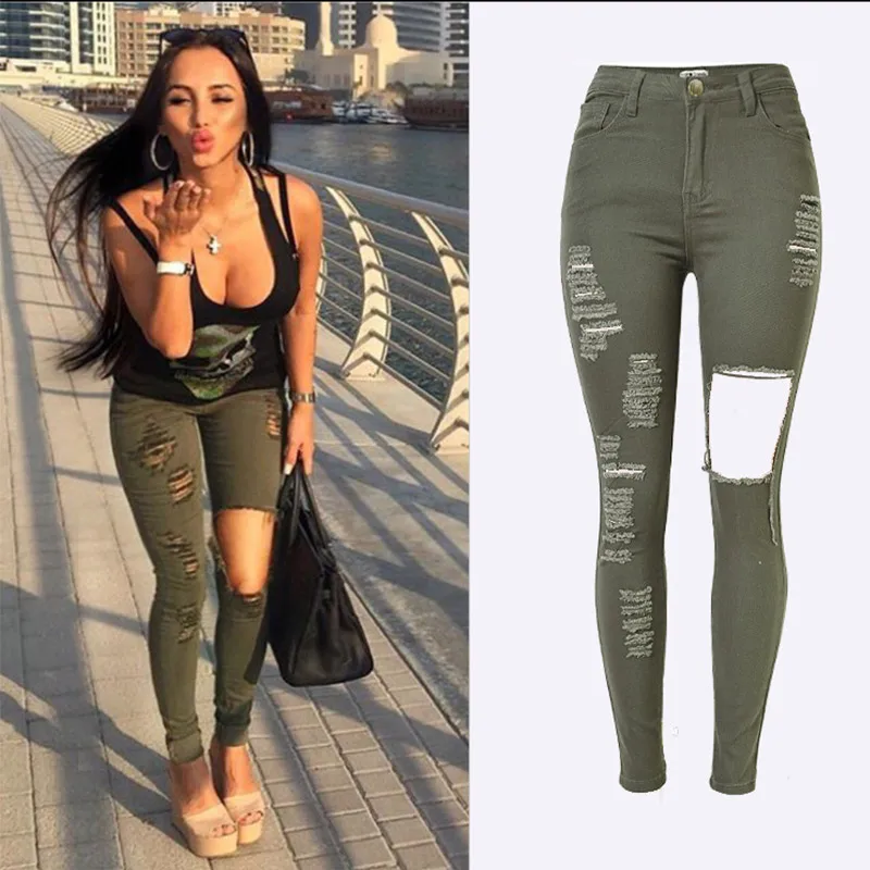 

Army Green Big Hole Skinny Jeans Women High Waist Jeans women Slim Fit Ripped Denim Pants spijkerbroeken dames 1577