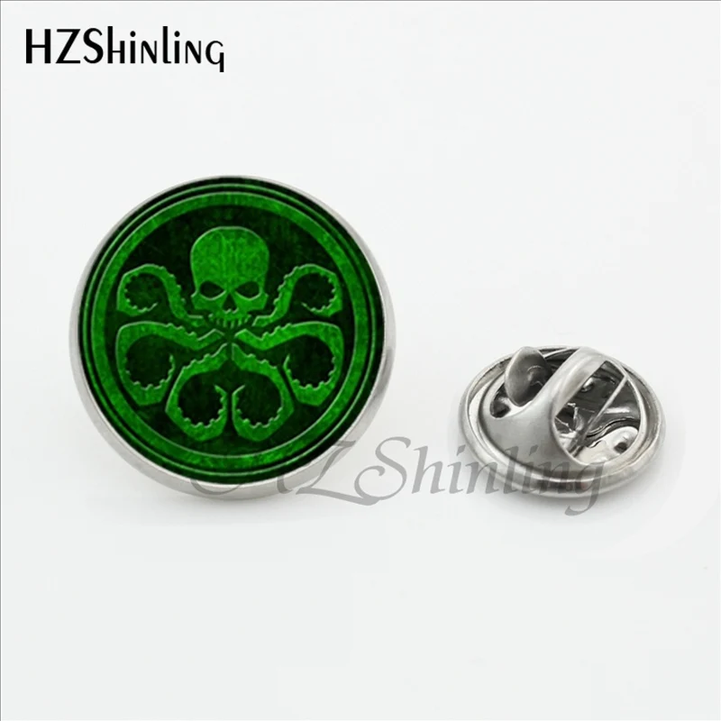 2017 New Design Cthulhu Emblem Vintage Lapel Pins Round Steampunk Cthulhu Stainless Steel Collar Pin Glass Art Photo Jewelry