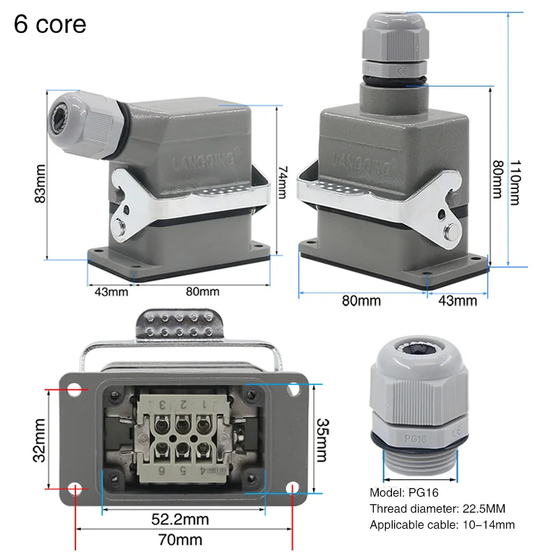 HDC-HE-006 Rectangular Heavy Duty Connector Six Pin Aviation Waterproof Plug Socket 500V 16A