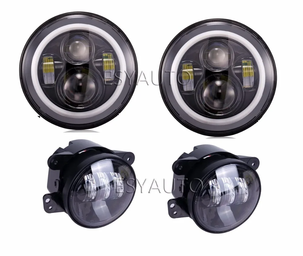 1 Pair 7 Inch Round LED Headlight with White DRL Angel Eyes 40W + 4