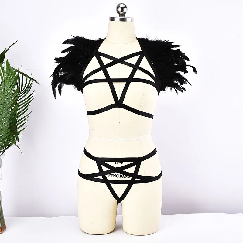 

Harajuku Feathers Pentagram Harness Set Goth Tops Bralette + Pentagram G-string Panties Briefs Women Sexy Bodysuit Harness