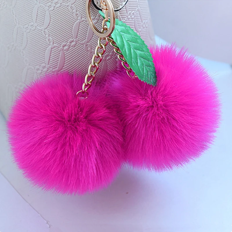 Original Cherry Pompom Ball Keychain Fluffy Faux Rabbit Fur Pompon Key Chain Pom Pom Toy Keyring Bag Charms Car Trinket