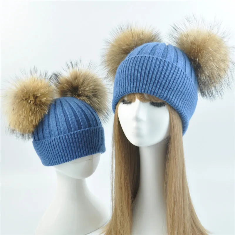 Winter Hat for Children Mom and Baby Wool Cashmere Parent-child Outfit Kniteed Cap Natural Double Real Fur Pompom Beanie Hat