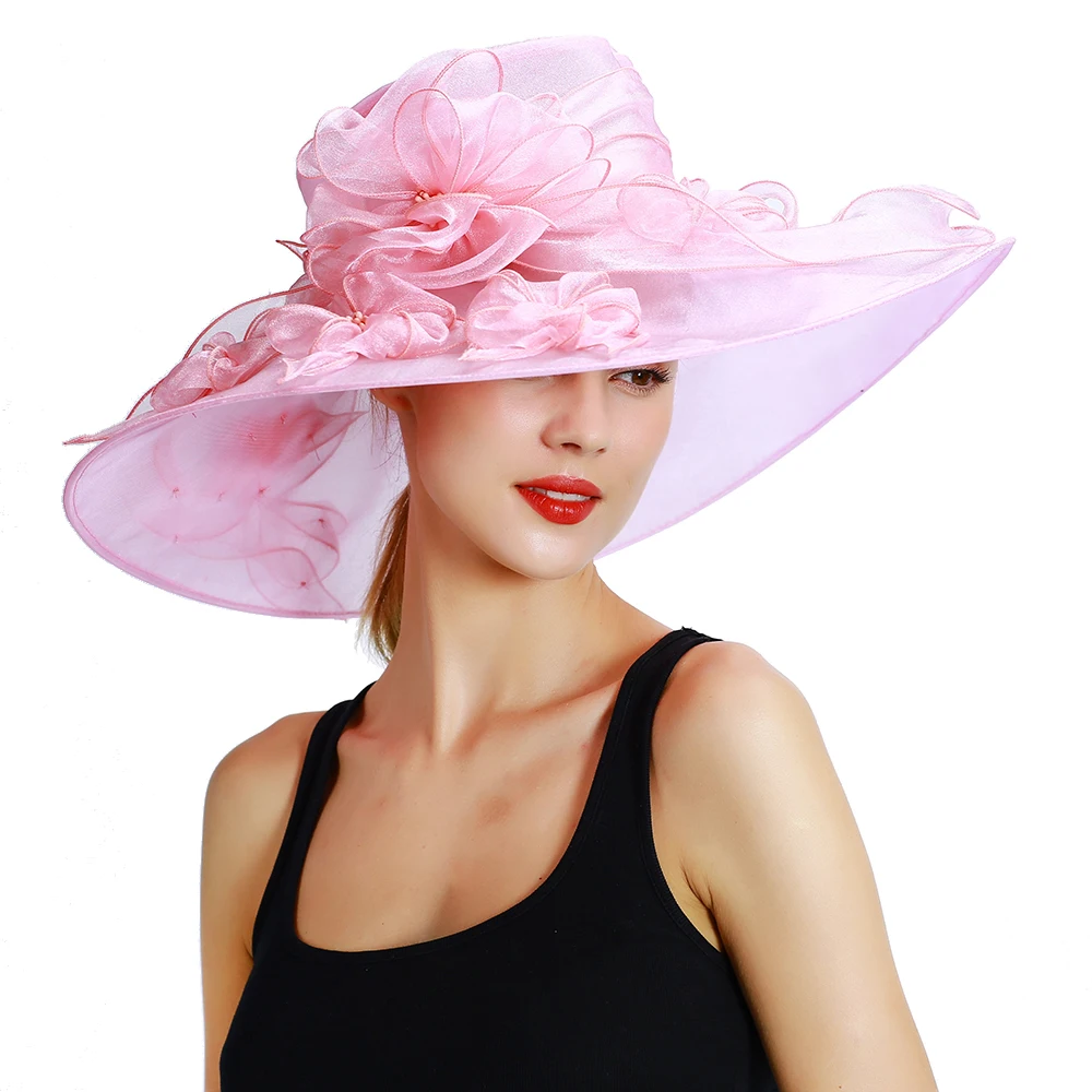 

Outstanding Women's Wide Brim Summer Organza Hat with Handmade Floral Details for Church, Wedding or Kentucky Derby S10-3802