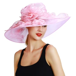 Outstanding Women's Wide Brim Summer Organza Hat with Handmade Floral Details for Church, Wedding or Kentucky Derby S10-3802