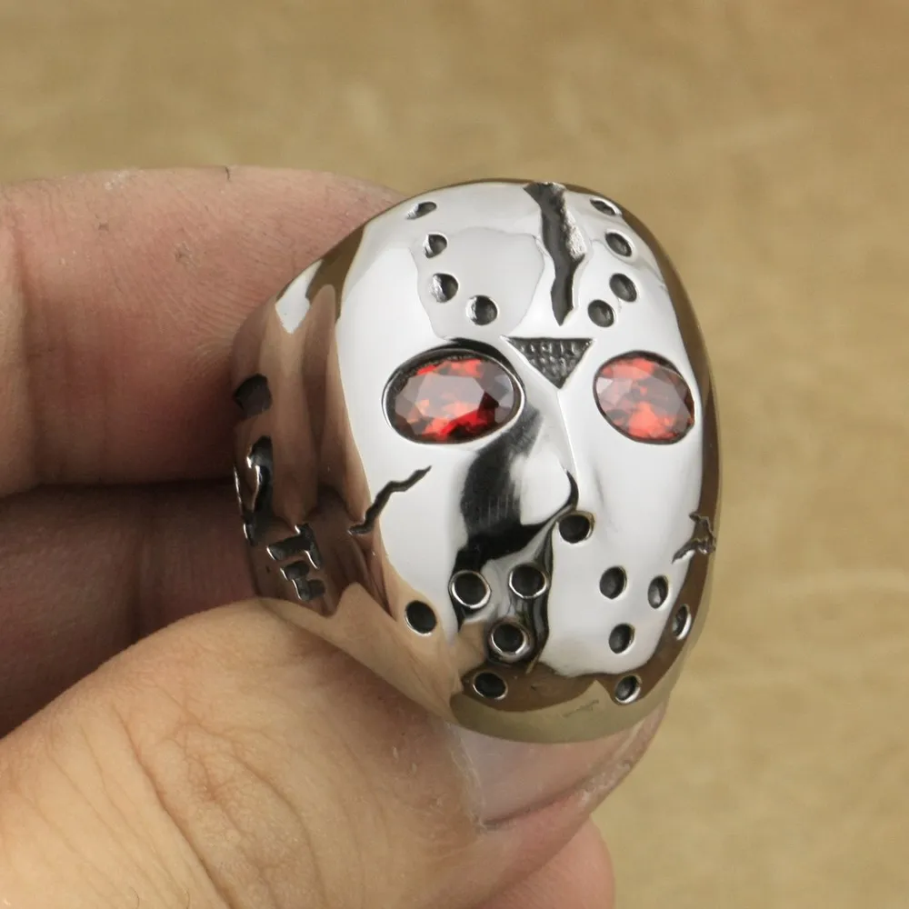 316L Stainless Steel Halloween Jason Hockey Red CZ Eyes Mens Ring 3F301A