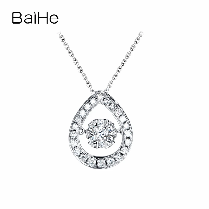 

BAIHE Solid 18K White Gold 0.05ct H/SI Natural Diamond Water Drop Necklace Women Men Engagement Wedding Fine Jewelry Collier