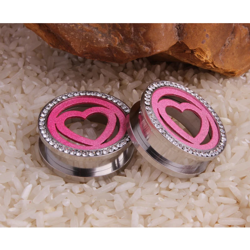 1Pair Pink Heart Round Ear Guage 316L Surgical Steel Screw Ear Plug Tunnel Body Piercing Jewelry Lobe Expander Stretcher Orelha