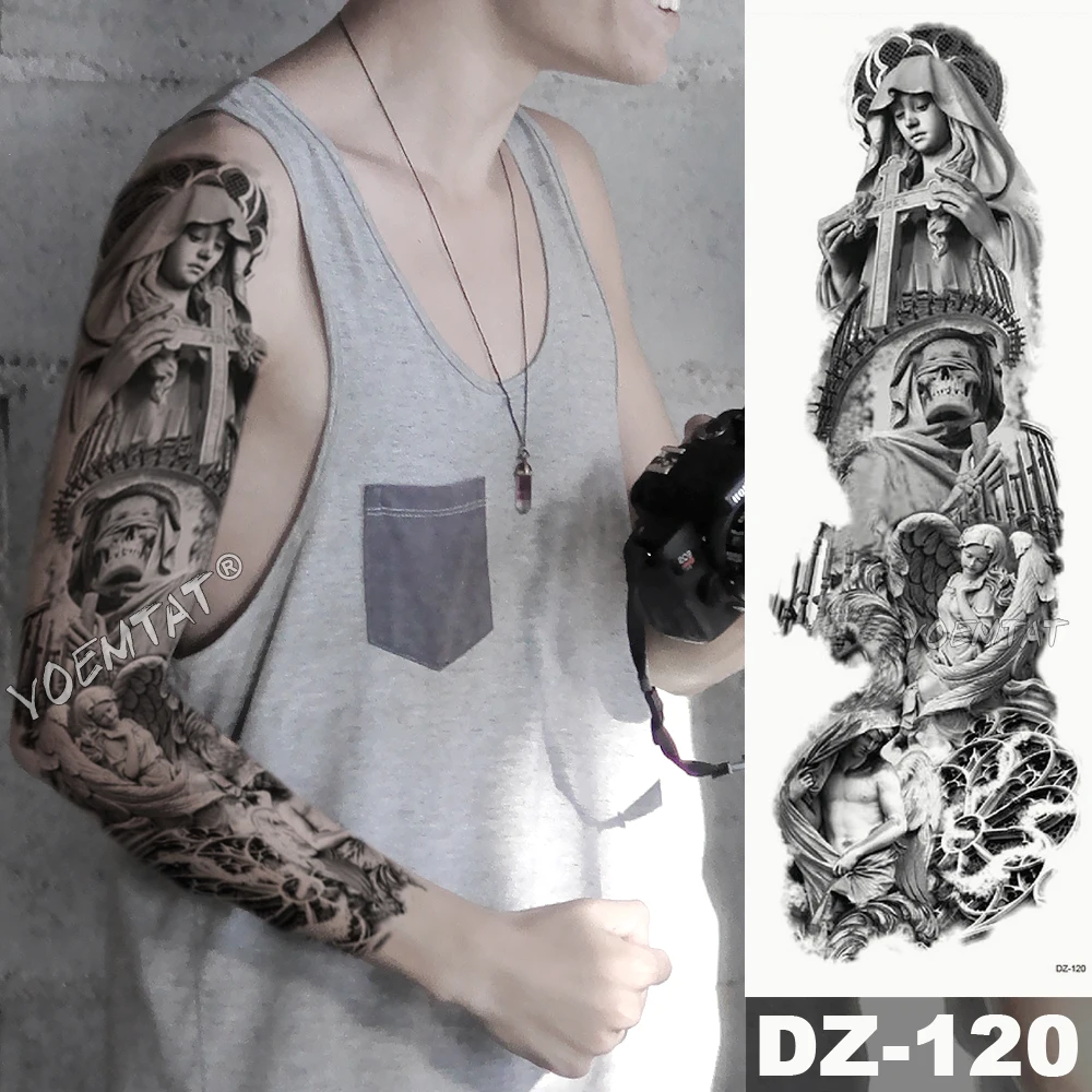 Large Arm Sleeve Tattoo Rose Rosary Virgin Mary Waterproof Temporary Tattoo Sticker Saint Angel Men Full Skull Totem Tatoo image 6