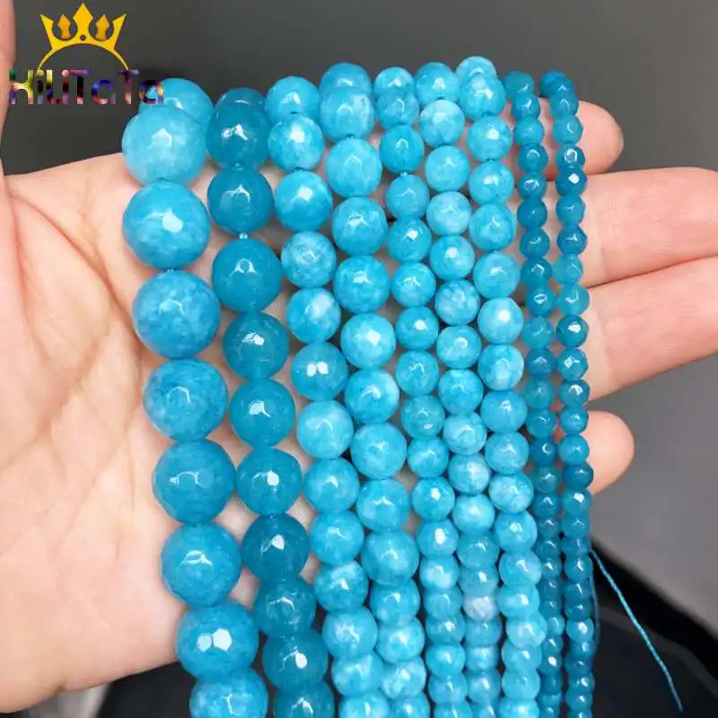 Natural Stone Beads Faceted Blue Chalcedony Stone Beads For Jewelry Making DIY Bracelets Necklace Accessories 15\'\' 4/6/8/10/12mm