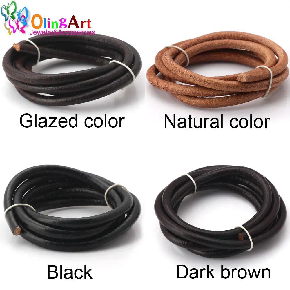 Olingart Dia 1.5/2/3/4/5/6mm czarny/naturalny/brązowy/glazura skórzany okrągły sznurek sznurek liny na naszyjnik bransoletka DIY tworzenia biżuterii