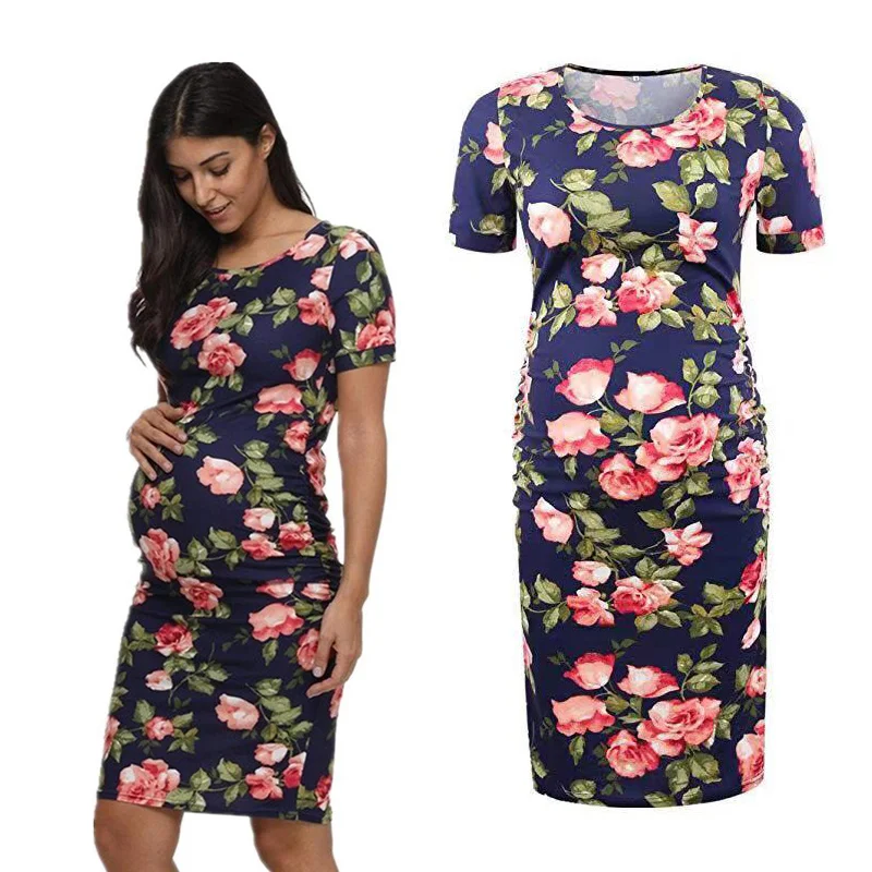 

Maternity Sleeveless Knee Length Printing Side Ruched Dresses Women Pregnancy Clothing Flattering Soft Photo Shoot Home