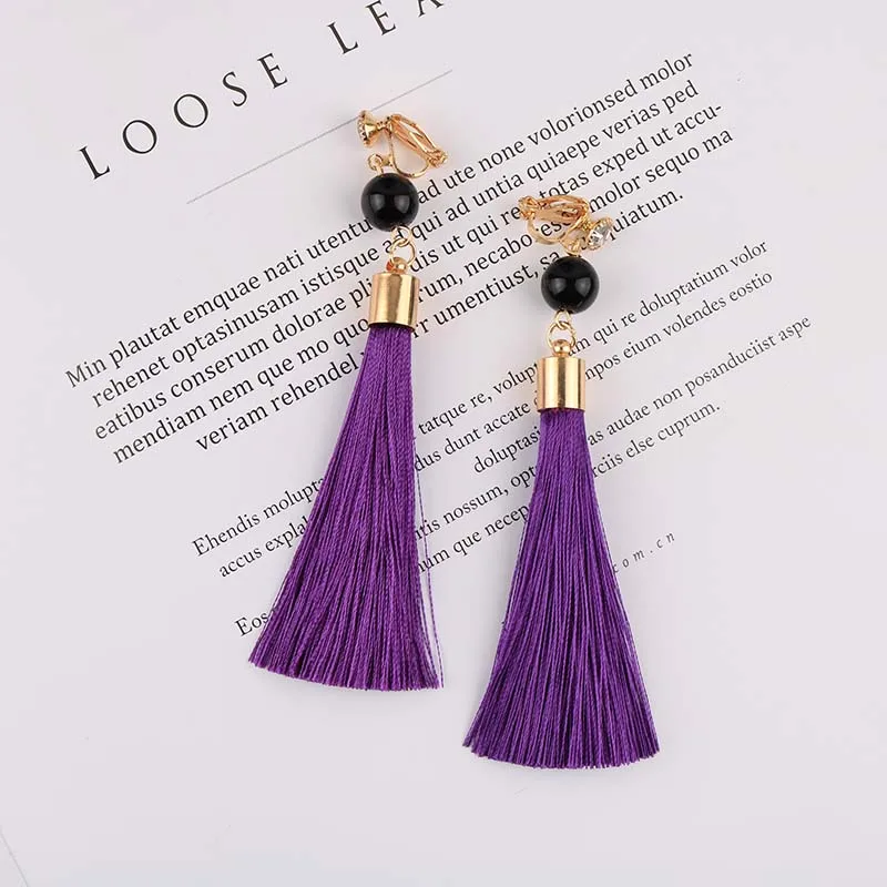 Bohemian Long Statement Tassel Clip On Earrings 9 Color For Female Non Pierced Dangle Trendy Cotton Rope Fringe Clip Ear Gift