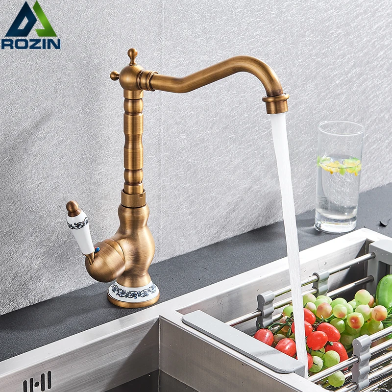 Modern Basin Faucet Antique Brass Ceramic Handle Bathroom Sink Mixer Tap Deck Mounted 360° Kitchen Hot Cold Water Faucets Crane