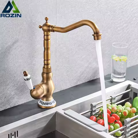 Modern Basin Faucet Antique Brass Ceramic Handle Bathroom Sink Mixer Tap Deck Mounted 360° Kitchen Hot Cold Water Faucets Crane
