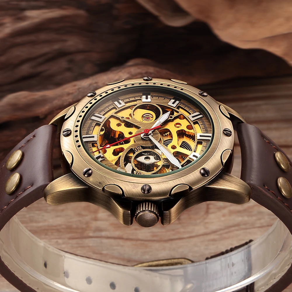 SHENHUA Retro Bronze Skeleton Men Mechanical Automatic Watches Male Sport Leather Self Winding Business Clock Relogio Masculino