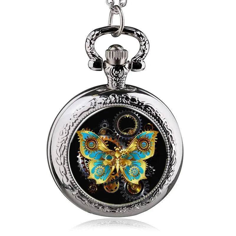 JOButterfly-Montre de poche à quartz ton argent pour enfants, collier, bijoux, montres, 85cm, nouveau