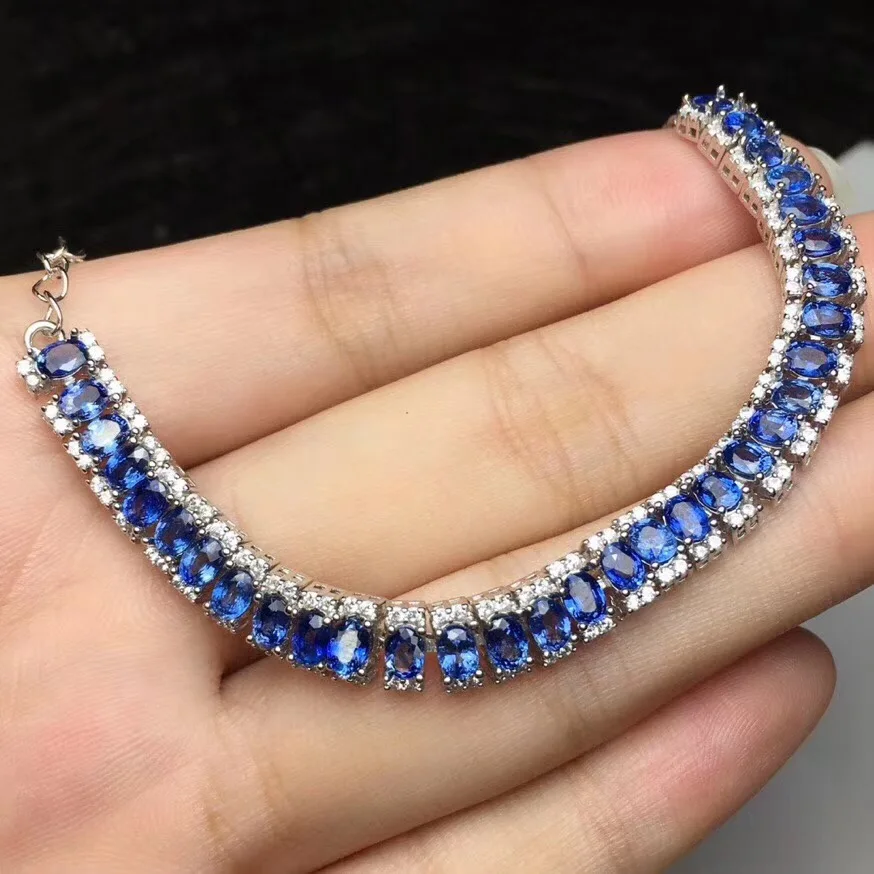 Natural sapphire chain bracelet Free shipping Natural real green sapphire 925 sterling silver Fine jewelry 3*4mm 32pcs