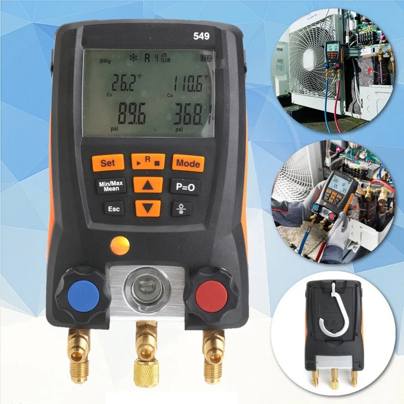 Testo 549 Car Pressure Gauge Temperature Tester Refrigerant Meter Digital Manifold HVAC Gauge System Kit LCD Digital Manometer