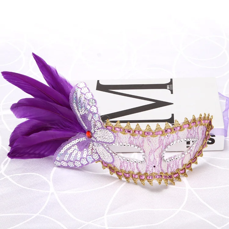 Sexy Diamond Venetian Mask Venice Feather Flower Wedding Carnival Party Performance Purple Costume Sex Lady Mask Masquerade