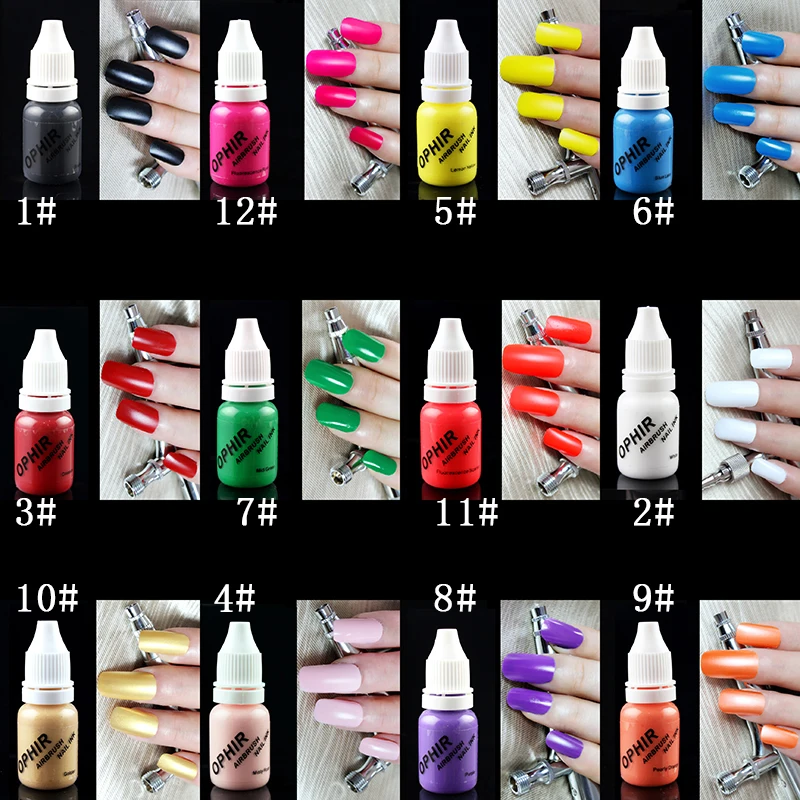 OPHIR PRO 12 Colors Airbrush Nail Inks 10 ML/Bottle Acrylic Water Paint Ink Pigments Airbrush Nail Art Tool_TA098(1-12)