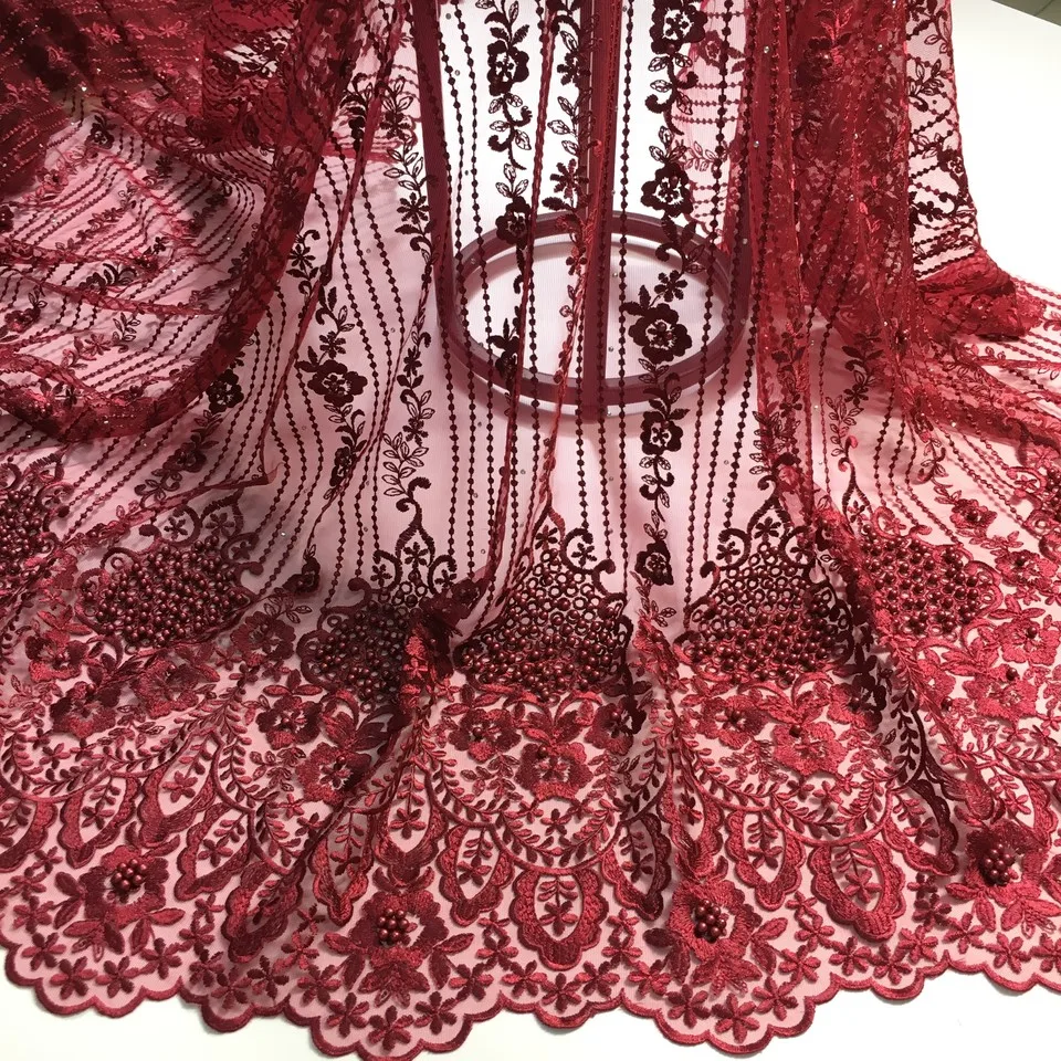 Wine Color High Quality Nigerian Lace Fabrics For Wedding 2021 Latest African French Lace Fabric With Beads And Stones M26701