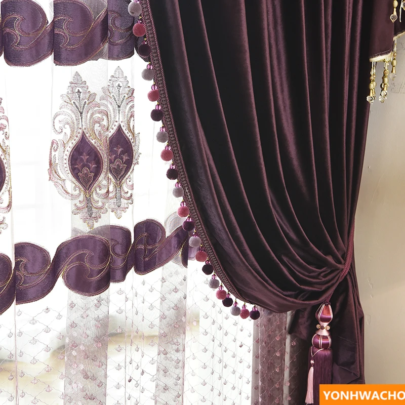 Custom curtains high grade European modern Grape purple thick Italian velvet cloth blackout curtain tulle valance drapes N938