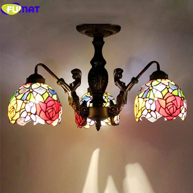 

FUMAT Tiffany Stained Glass Pendant Lamp Vintage Mermaid Metal Body Restaurant Living Room Suspension Lamp Dining Room Light