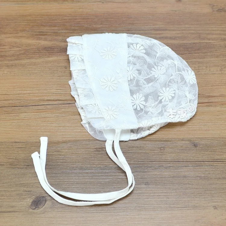 New Bonnet with Lace Kids Girl Photography Prop Nordic Vintage Pattern Toddler Flower Retro Children Christening Baptism Cap