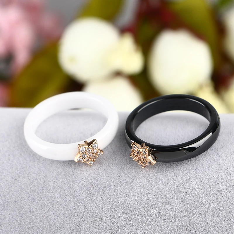 Gold Color Star Women Rings With Bling CZ Rhinestone 4MM Smooth Black White Ceramic Rings Jewelry Wedding Anniversary Gift