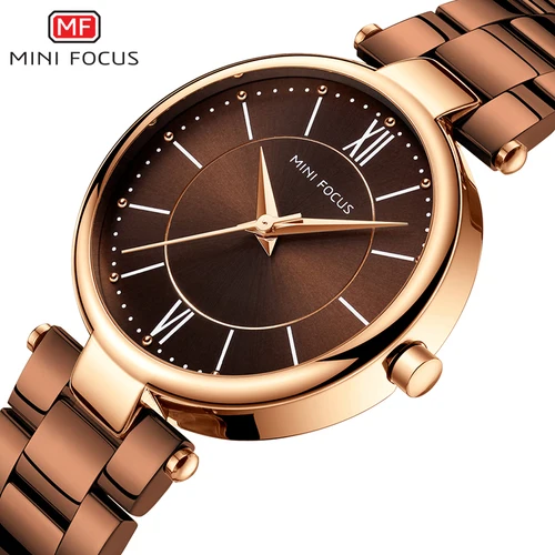 Imagen 2 del producto Relojes MINI FOCUS con correa de acero inoxidable para mujer, reloj de pulsera de cuarzo resistente al agua con vestido de lujo para mujer, color marrón café MF0189L