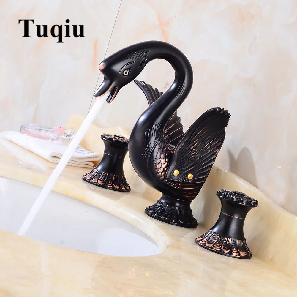 

New Arrivals Deck-mounted Widespread Golden/Black Oil 3 Pcs Bathroom Swan Basin Faucet Lavatory Basin Sink Mixer Luxury Style