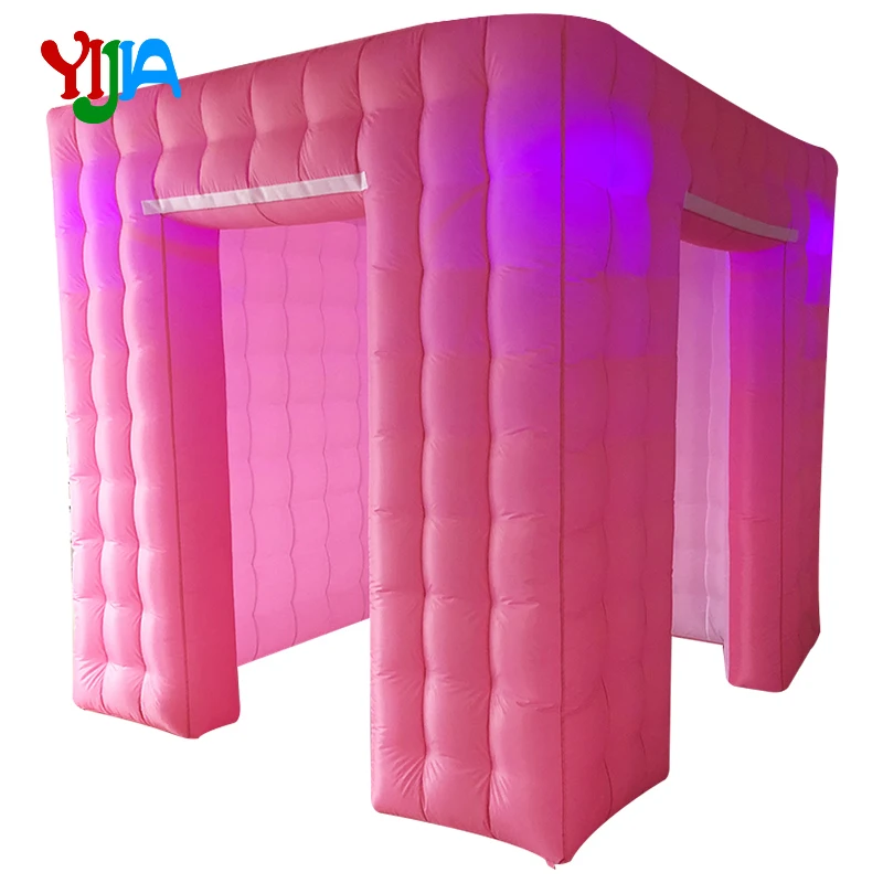 Romantic Pink Color outside 210D Oxford Inflatable photo booth Backdrop with LED Lights and air fan Wedding booth Cube Tent Sale