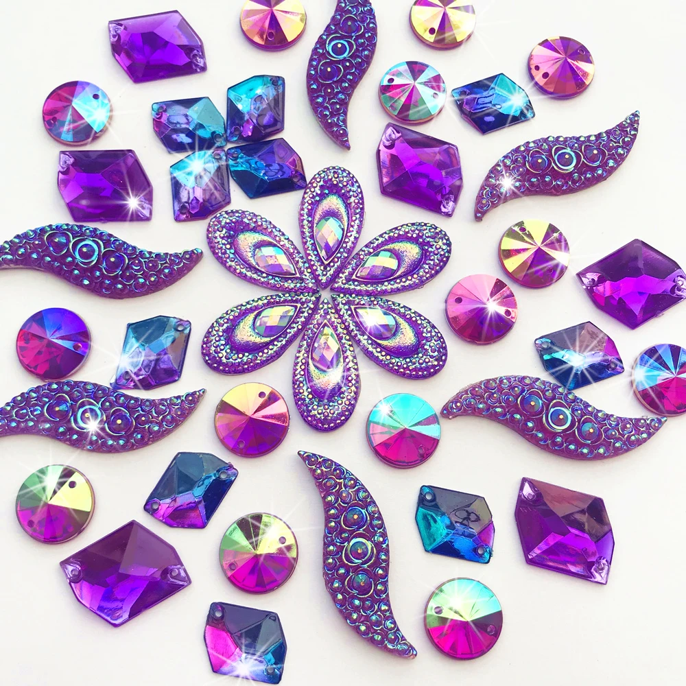 MIX Mixed Shapes Mirror Purple AB Gems Sew On Rhinestones Crystal Stone Beads for Crafts Clothing Wedding Dress Decorations 90PS