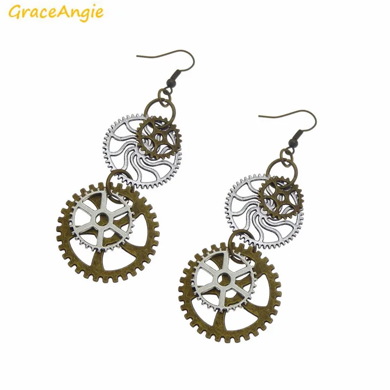 GraceAngie 1Pair Bronze Tone Gear Drop Earring Punk Style Earrings Women Personalize Jewelry Party Accessory