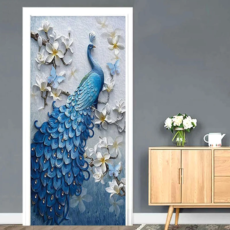 

Door Sticker 3D Stereo Peacock Wallpaper Living Room Bedroom Home Decor PVC Self-Adhesive Waterproof Wall Decals Vinyl 3D Murals