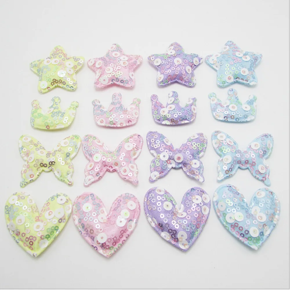 100pcs/lot shiny sequin heart, crown, star, butterfly padded applique Crafts for garment accessories Decoration